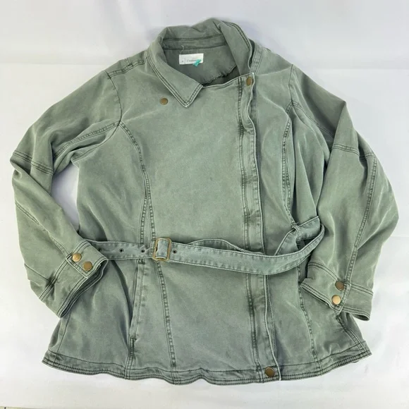 Anthropologie Plus 3X Everyday Belted Moto Jacket Light Green Lined Zip & Button - Picture 5 of 16